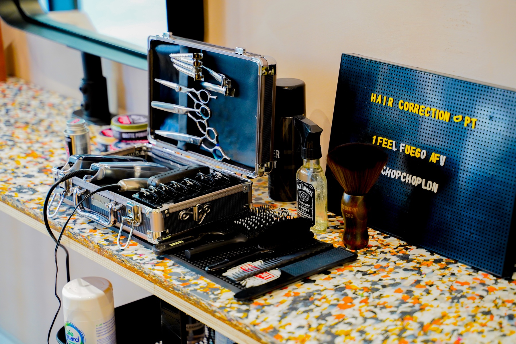 Professional barber tools arranged for the opening event