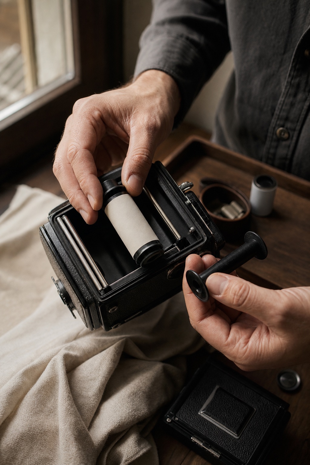 Professional medium-format film camera being loaded