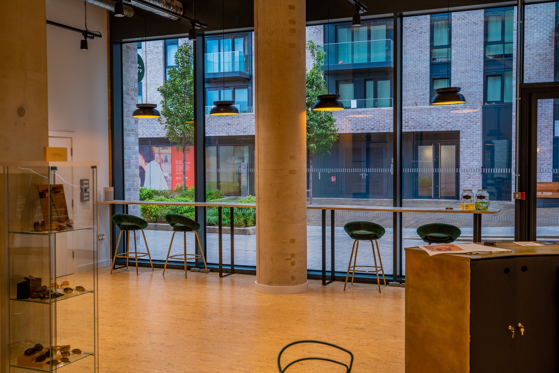 Bright commercial frontage and bar seating beside large windows